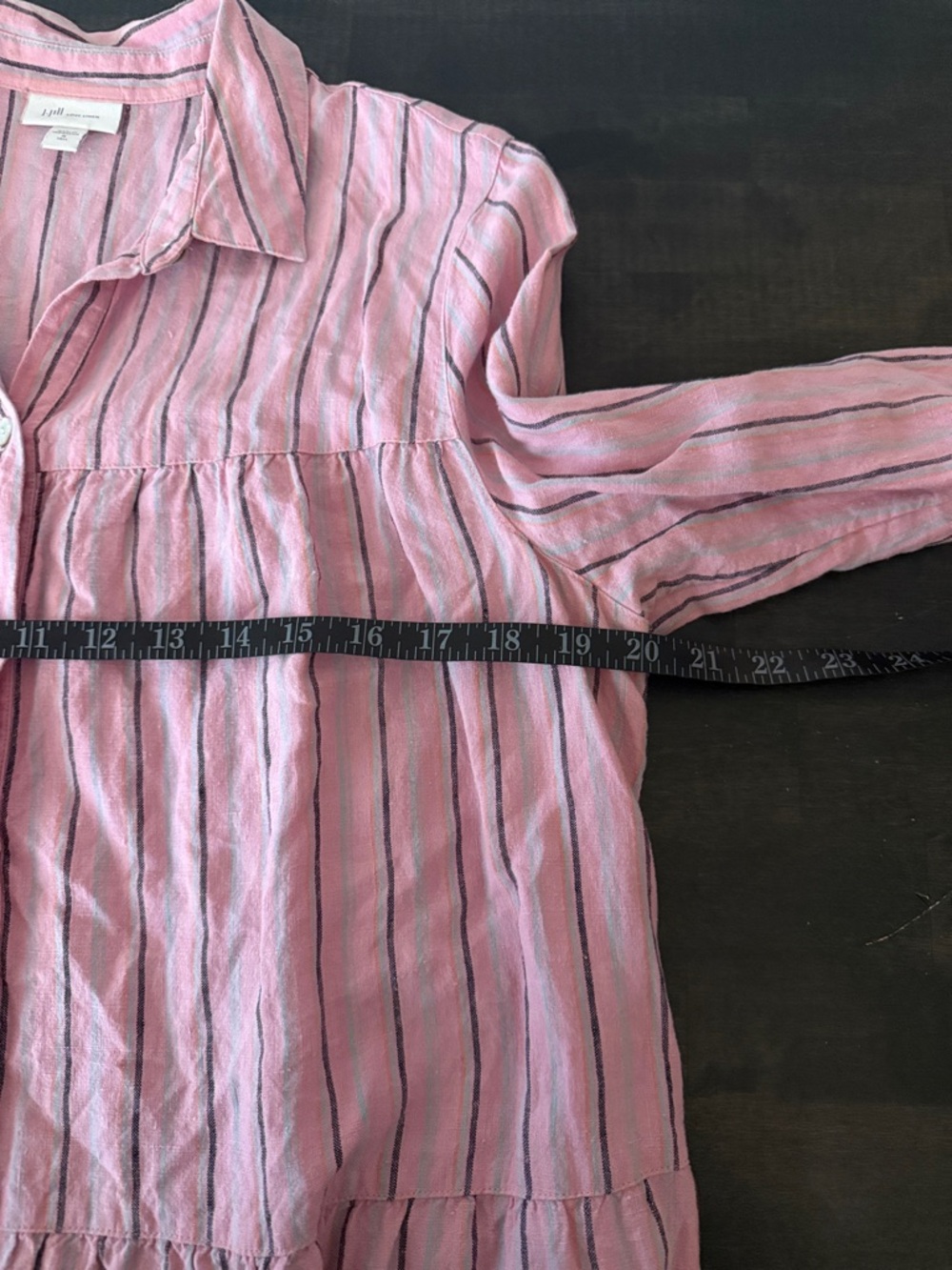 J. Jill Pink Striped Tiered Linen Button Down Shirt Dress Size Medium Tall - Picture 7 of 8
